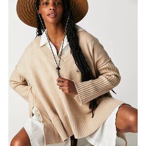 Free People Orion A Line V Neck Tunic Sweater Almond Women's XS Oversized Boho